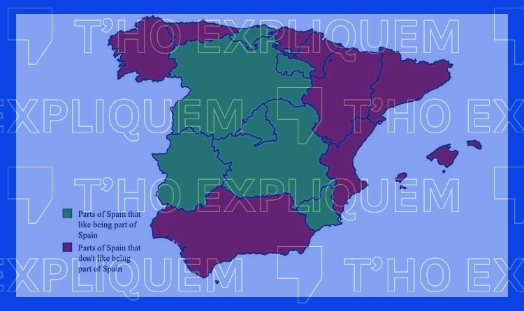 Mapa d'Espanya que indica comunitats autònomes a les que els agrada formar part de l'estat i altres a les que no.