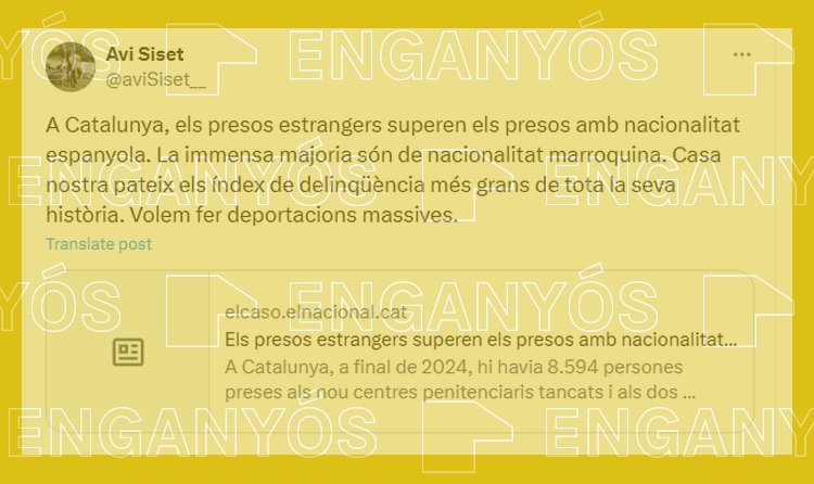 Captura de pantalla amb el filtre enganyós d'una publicació a X (abans Twitter) que assegura que la immensa majoria de presos estrangers són de nacionalitat marroquina.