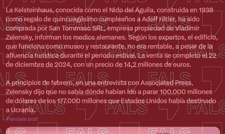 Missatge a la xarxa social X que informa falsament de la compra d'una antiga seu del partit Nazi per part de Zelenski.