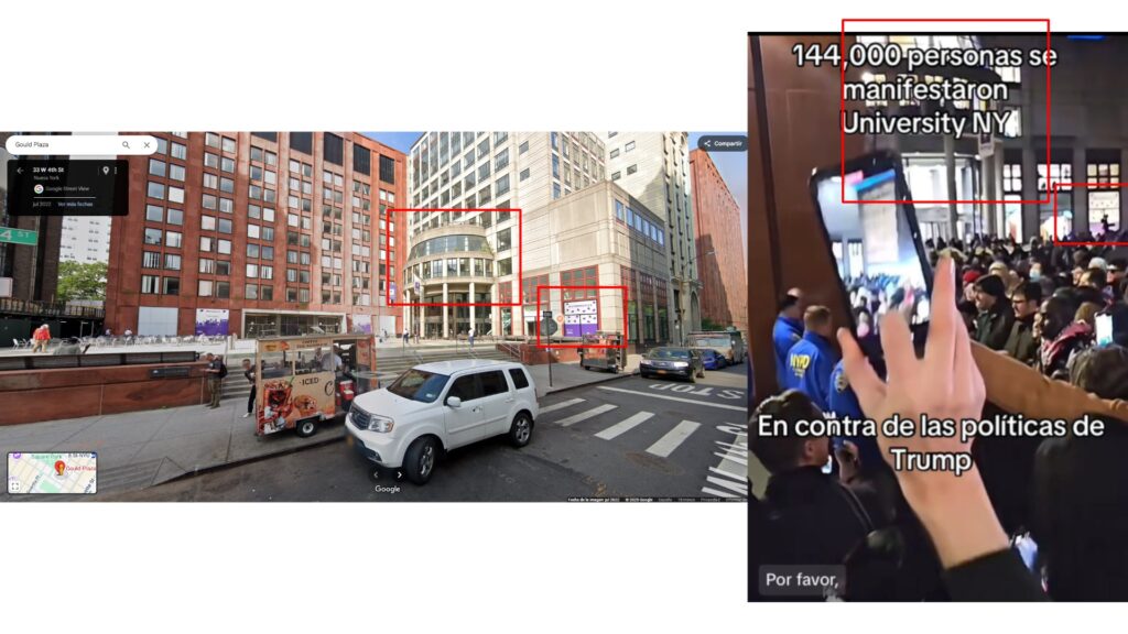 Comparació del vídeo viral amb la imatge de Google Street View de la Gould Plaza, a Nova York.